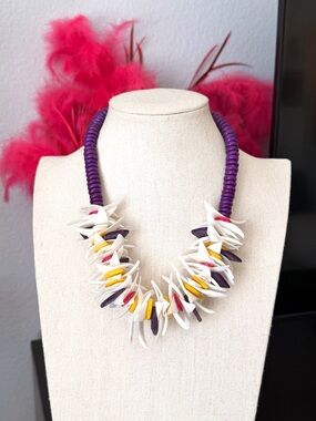 Handcrafted Purple Bead and Multicolor Faux Shell Statement Necklace